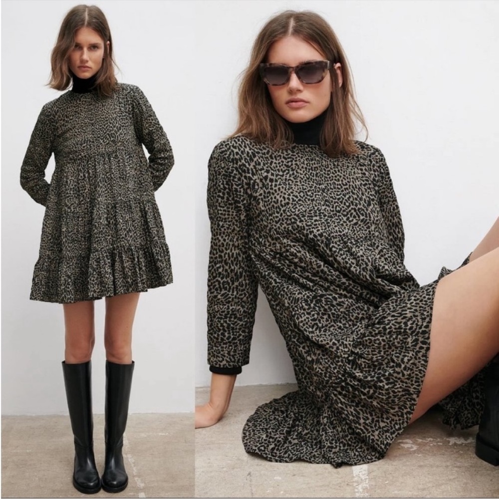 Zara Leopard Print Long Sleeve Tiered Mini Dress - Black & Olive